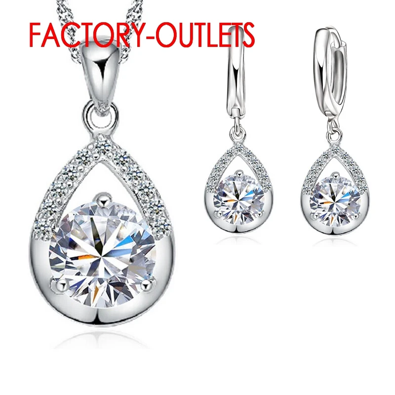 925 Sterling Silver Bridal Jewelry Sets Romantic Crystal Water Drop Necklaces Hoop Earrings Women Party Engagement silver jewelry set,jewelry set,silver jewelry,crystal jewelry set