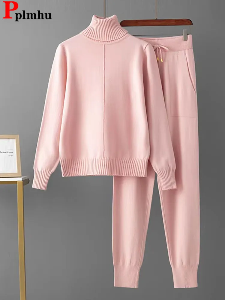 Candy Color Knitted 2 Piece Sets Women Turtleneck Knitwears Sweater Pullover Tops Conjuntos High Waist Casual Harem Pants Outfit 1