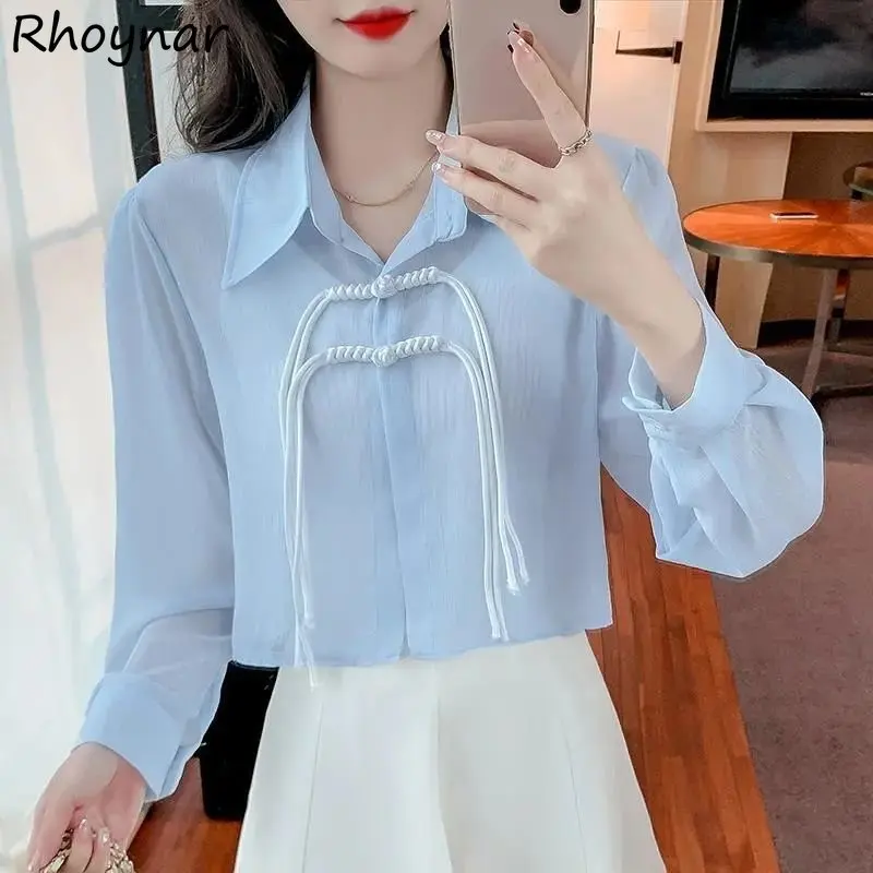

Cropped Shirts Women Temper Elegant Chinese S-3XL Gentle Minimalist Aesthetic Spring Long Sleeve Clothes Fashion Streetwear Thin