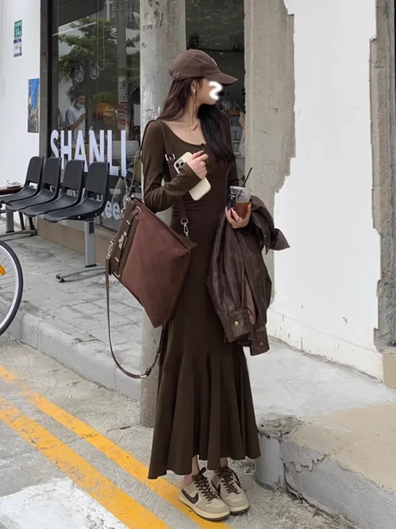 

French U-neck Knitted Long Sleeved Sweater Dress Women Autumn Winter Slim Fitting Bottom Fishtail Long Skirt Fashion Clothes