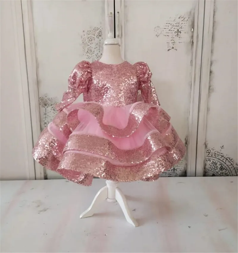 Puffy Pink Baby Girl Dress Toddler Birthday Gown Princess Long Sleeves