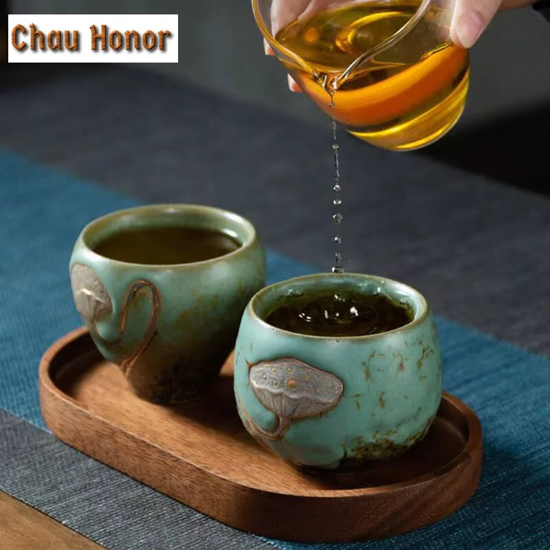 High-end Retro Lotus Embossed Ceramics Master Cup Handmade Household Travel Kungfu Teaset Tea Ceremony Accessories Birthday Gift
