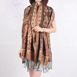 Paisley Jacquard Pashmina Scarf with Floral Border and Tassels (Army green)