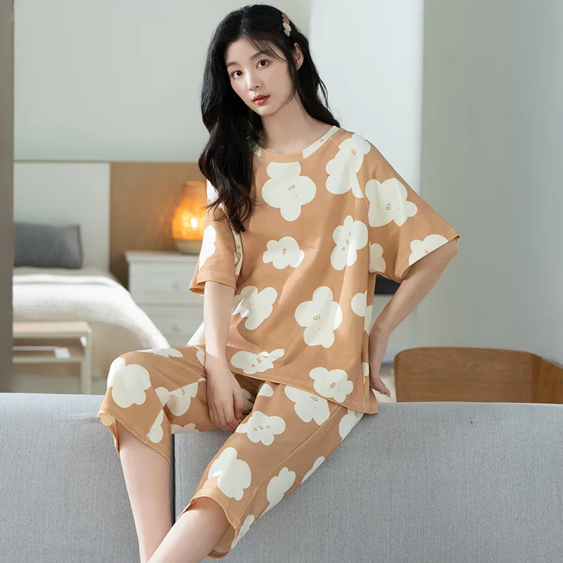 Spring Summer Women's Thin Pure Cotton Pajamas Round Neck Short Sleeve Pullover Capris Loose Home Clothing Set Sweet Sleepwear