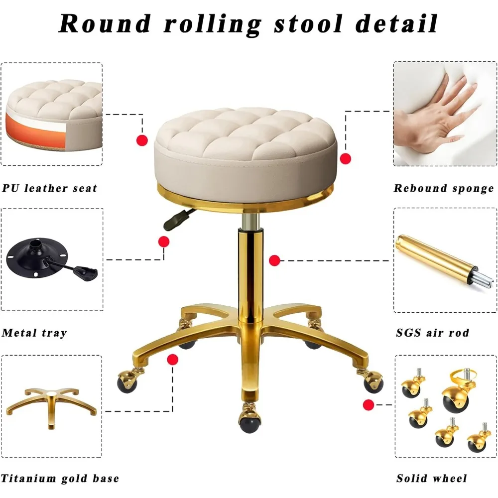 Rolling Stool Gold Vanity Stool with Wheels, Pedicure Massage Roller Stools, PU Leather Round Swivel Salon Spa Chairs