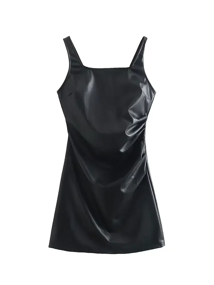 유우무 여성용 섹시 패키지 힙 니트 미니 드레스, 우아한 프릴 랩스커트 원피스, 여성들을 위한 스트리트 패션, 섹시한 여름룩 11 여성용 블랙 매트 인조 가죽 미니 슬립 원피스, 섹시한 백 지퍼, 민소매 스파게티 스트랩, 여성 시크 드레스