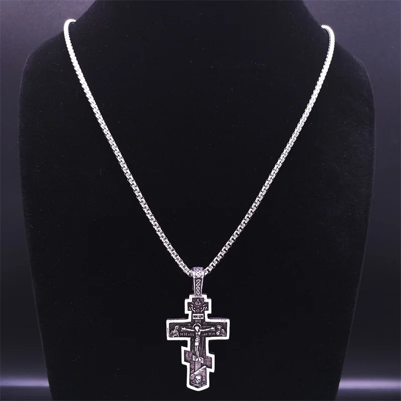 Orthodox Icon Cross Statue Crucifix Pendant Necklace Stainless