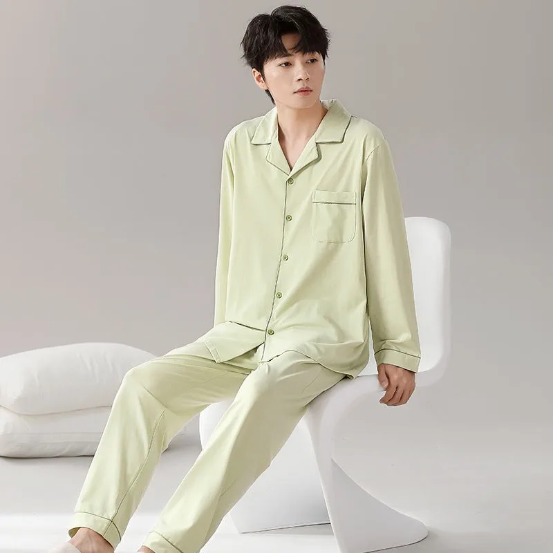 Men Sleepwear Spring Autumn Pure Cotton Long-Sleeved Casual Large Size Homewear Suit Teenagers Cardigan Thin Simple Pajamas Set