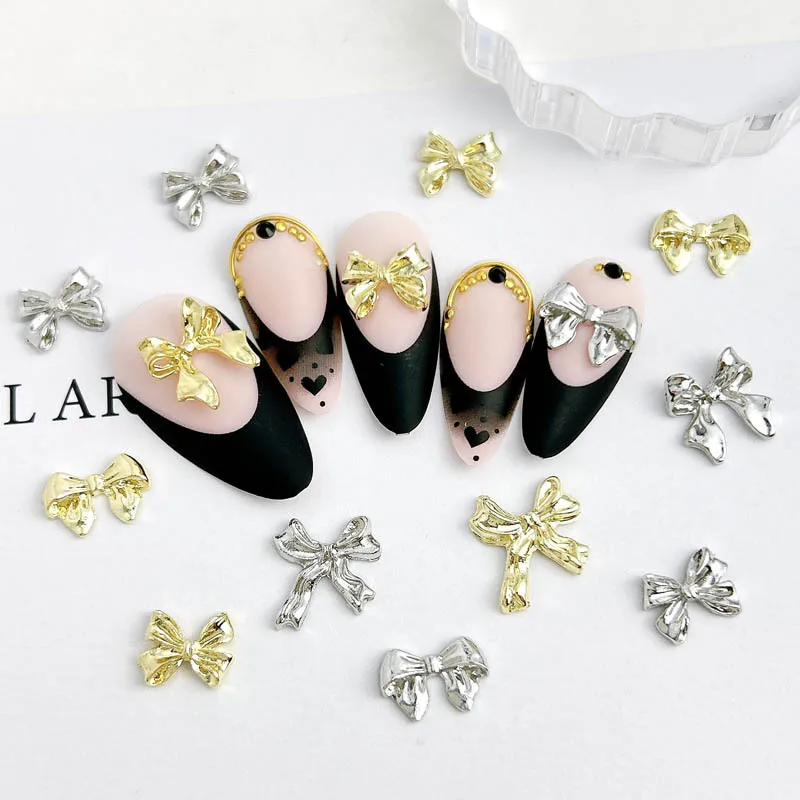 20pcs 금속 합금 네일 매력 플랫 백 골드 실버 Bowknot 네일 아트 장식 DIY 아크릴 네일 용품 액세서리