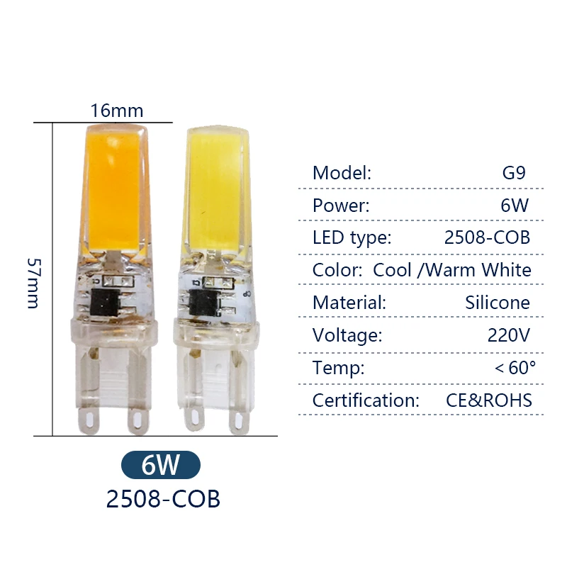 Bombilla LED G9 de 220V, 6W, 7W, 9W, 10W, 12W, SMD 2835, 3014, 2508, luz Led G9, reemplazo de lámpara halógena de 20W, 30W, 40W, 50W, 10 unidades por lote luz