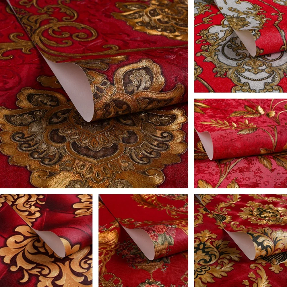 Luxury Red Damask Wllpaper Retro 3D Stereo European Floral Wallpaper Damascus Bedroom Living Room Sofa Background Ktv Wall Mural beibehang embossed european retro wallpapers for living room luxury damascus wall paper roll background living room 3d wallpaper