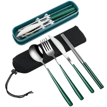 Set di posate portatili stoviglie da viaggio rimovibili in acciaio inossidabile 304 con custodia bacchette coltello forchetta cucchiaio posate Set con scatola 1
