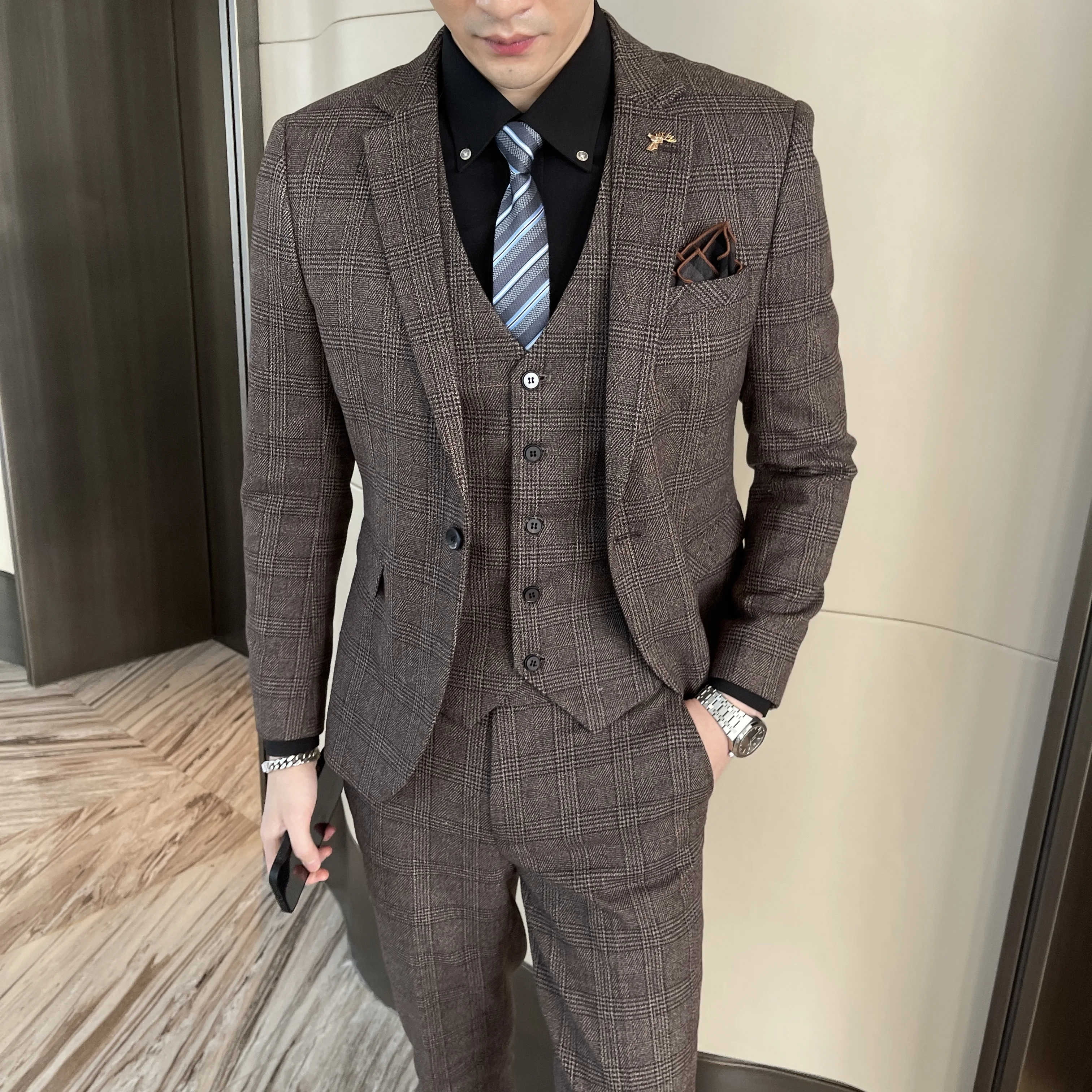 High quality fashion handsome all matching (suit + vest + trousers) leisure business trend boutique three-piece set