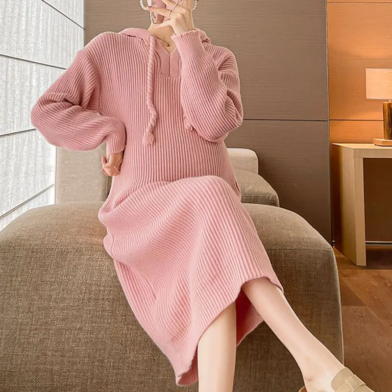 

Maternity Thick Knit Dresses Autumn Winter Clothes For Pregnant Women 2023 New Style Casual Hooded Solid Pregnancy Sweater Dress