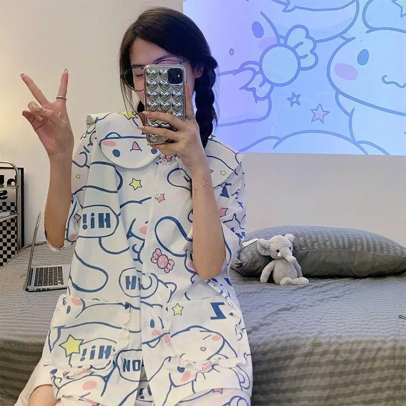 

Новинка кавайная Милая Домашняя одежда Sanrio Cinnamoroll пижамы шорты с коротким рукавом мягкие удобные подарок девушке на день рождения