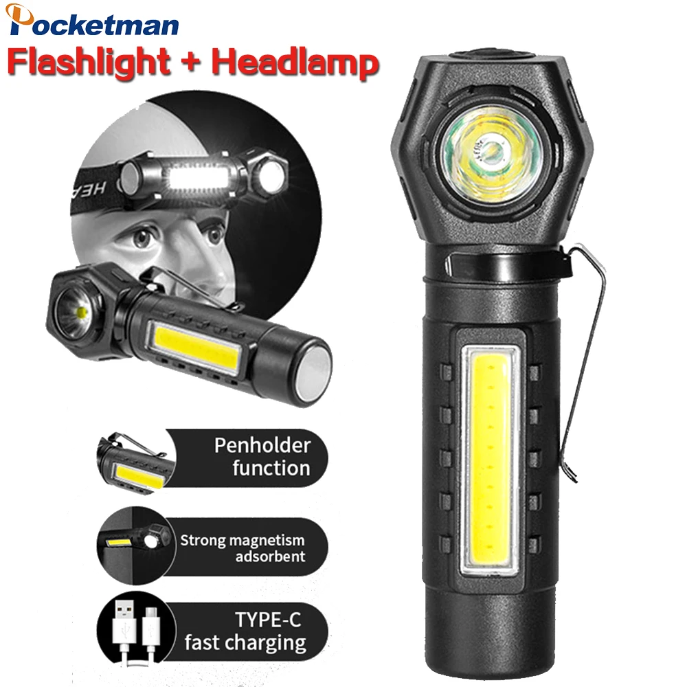 

COB LED Flashlight Rechargeable 3 Lighting Modes Flashlights Magnetic Work Light Waterproof Torch Can be Used as Headlamp