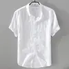 Summer Henry V Neck Button Down Shirt Soft and Comfortable Men's Casual Hawaiian Shirt Solid Color White Black 1