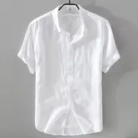 Summer Henry V Neck Button Down Shirt Soft and Comfortable Men's Casual Hawaiian Shirt Solid Color White Black 1