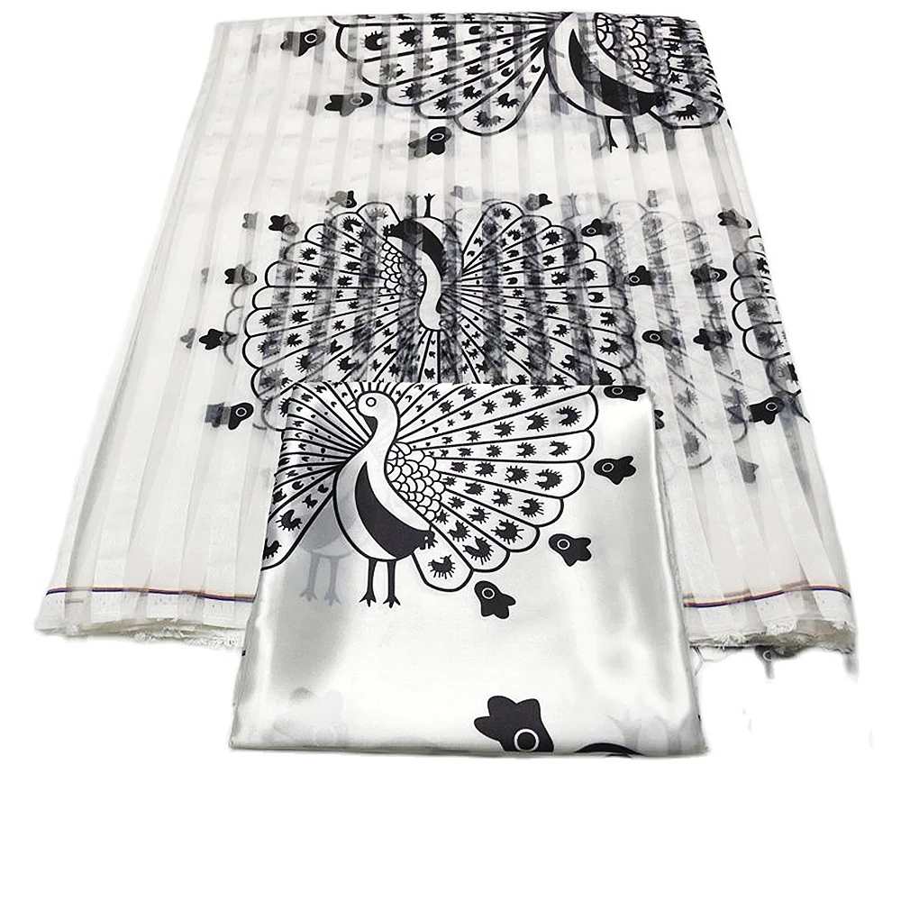 

African Fabrics Black And White Organza Silk Satin Fabric African Silk Wax Prints For Women Party Dress 4+2 Yards/Set