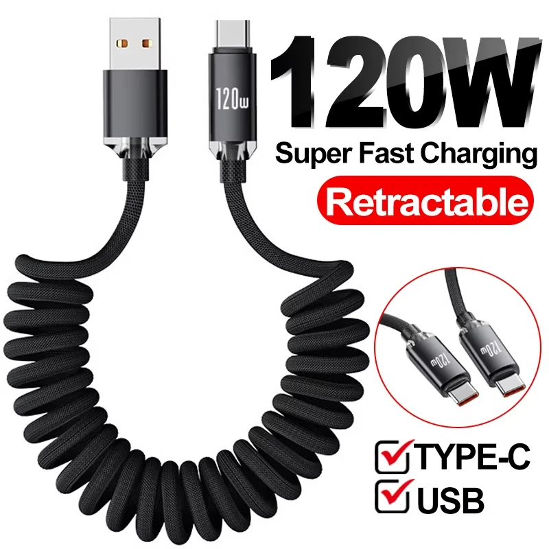 High-Power Portable USB-C to USB-C Retractable Fast Charge Cable with Car Adapter