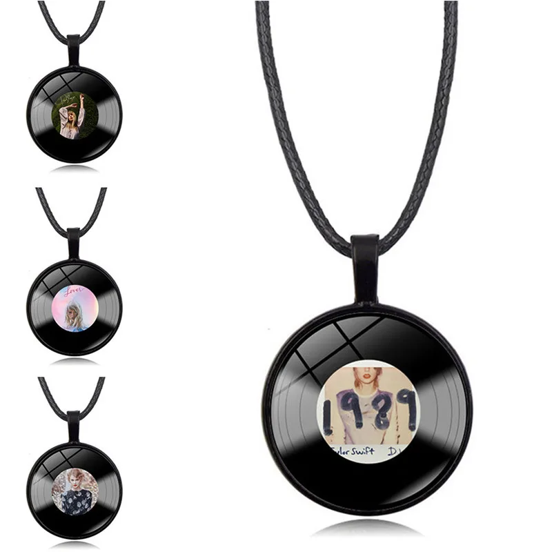 

Taylor Swift Necklace For Women Taylor Swift 1989 Vinyl Record Glass Pendant Leather Rope Sweater Chain Jewelry Fans Gift