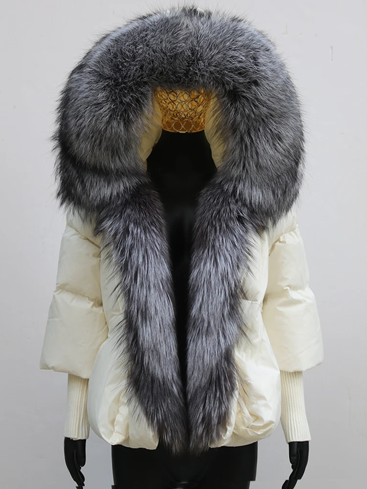Women Coat White Duck Down Jacket Super Large Real Red Fox Fur Collar Hooded New Fashion Outerwear Puffer Jacket New