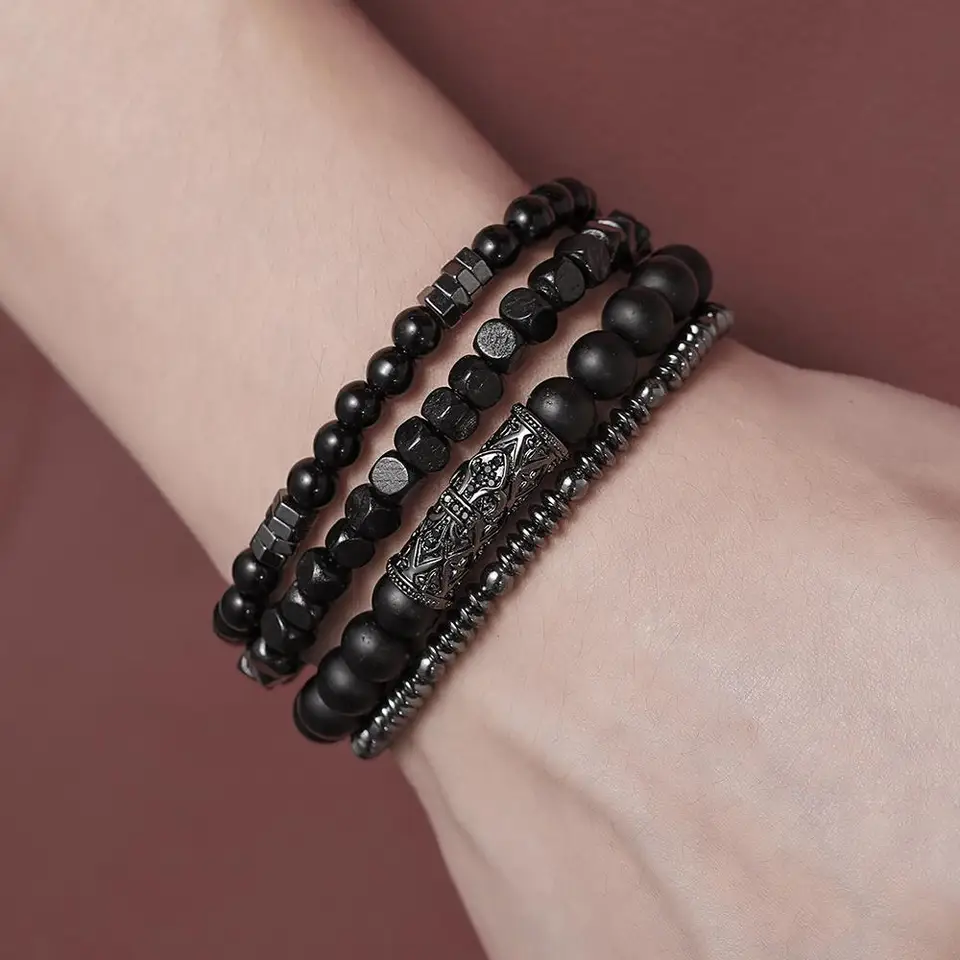 HZMAN 2-Pack Hematite Stretch Bracelets For Women & Men - Anxiety Relief Stone Bracelet, Adjustable Black Beaded - View #3