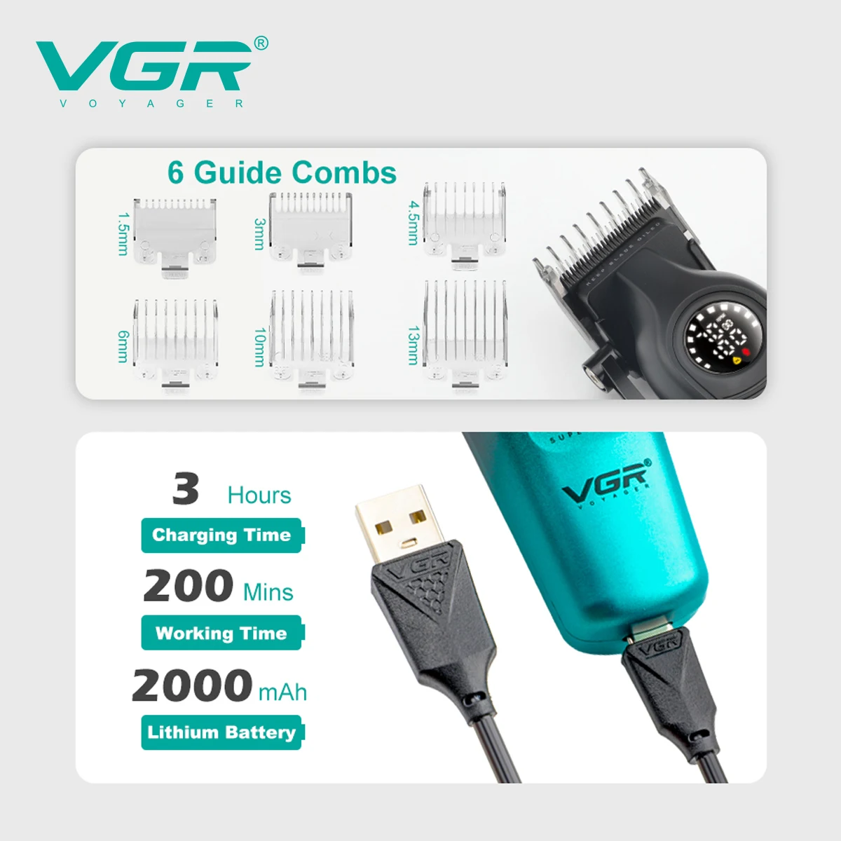 VGR المهنية آلة قطع الشعر للرجال DLC شفرة LED عرض...