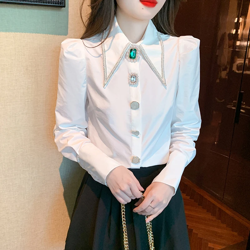 

Роскошный кардиган с жемчужинами и стразами на пуговицах, рубашка, Женский офисный Топ, осень 2023, Модная белая Деловая блузка с лацканами и длинным рукавом для женщин
