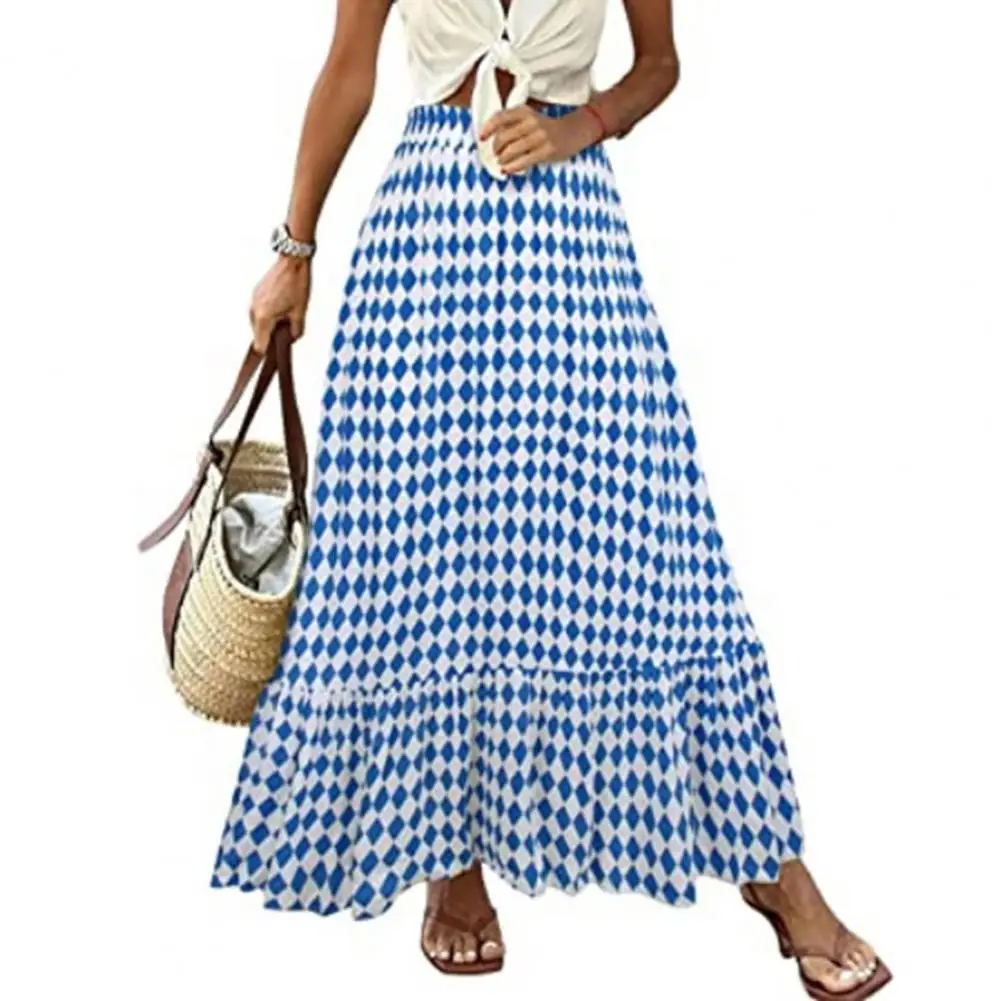 

Women Summer Skirt Large Hem Bohemian High Waist Geometric Print Patchwork Dress-up Contrast Color Summer Vacation Maxi Skirt