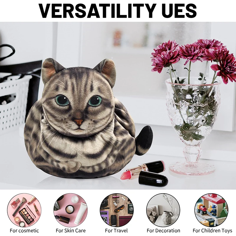 Adorable Cat Head 3D Makeup Bag with Drawstring Closure – Perfect Gift for Women Cat Lovers, Versatile Travel Cosmetic Organizer Pouch