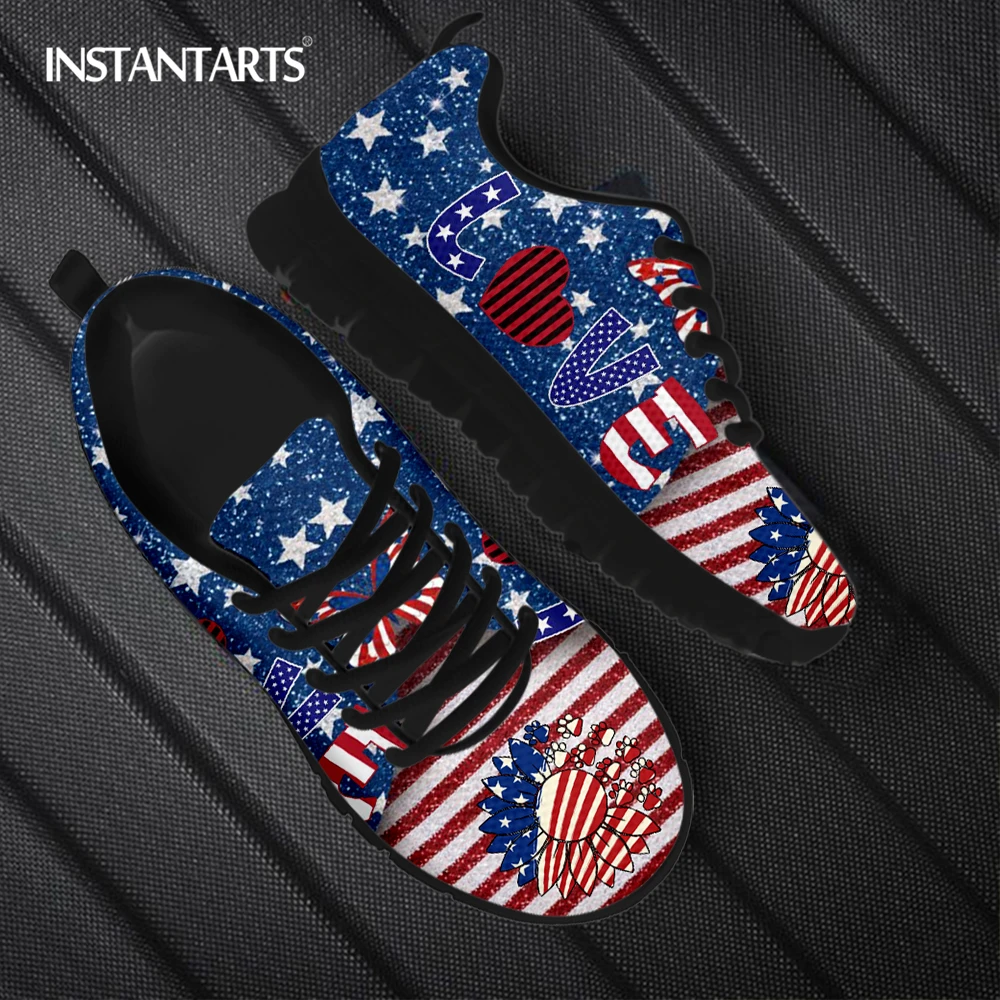 

INSTANTARTS 2023 New Style Women Lace up Running Sneakers Stylish American Sunflower Love Design Female Flat Shoes Chaussures