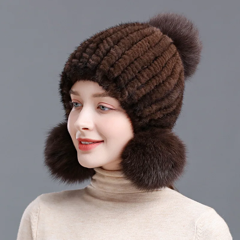 Winter Real Mink Fur Hat For Women Knitted Mink Fur Ear Warm Cap The Spiral Beanies Cap With Fox Pompom On The Top beanie hats fur hats