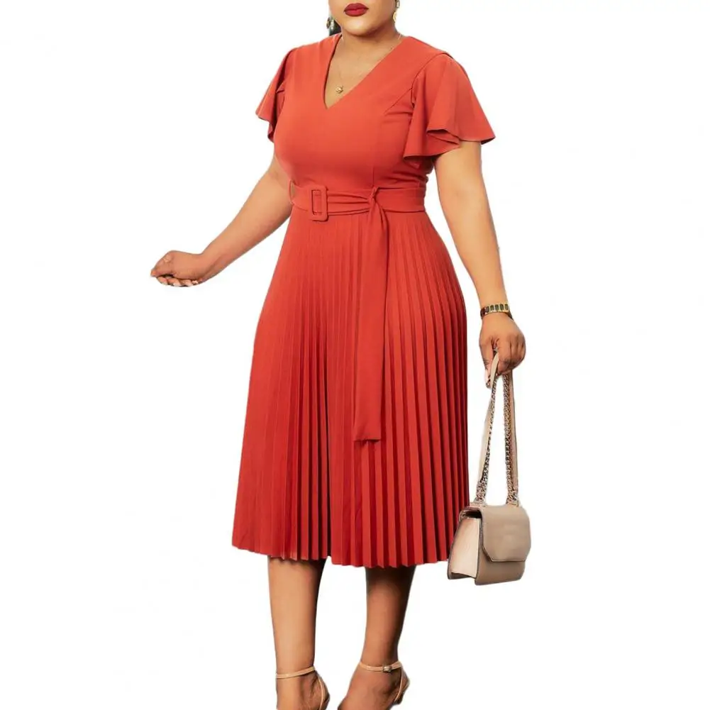 

V-neck Pleated Hem Belt Elegant Dress Ruffle Short Sleeve A-Line Dress Female Clothing 02024