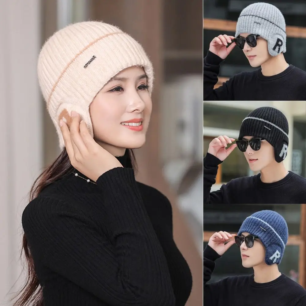 

With Earflap Beanies Hats Snowproof Plush Lined Cold-proof Knitted Cap Ear Protection Hats Winter Warm