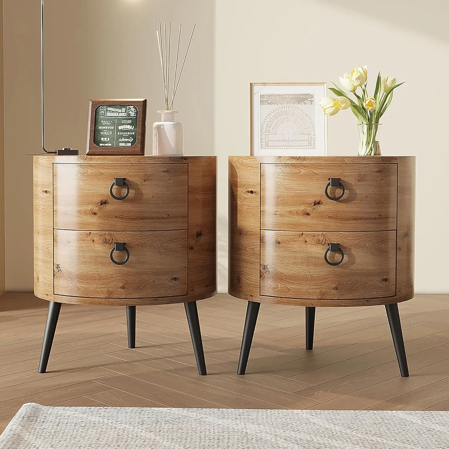 Runder Beistelltisch mit Schubladen, Akzent-Beistelltisch aus Holz, runder Nachttisch mit Metallbeinen für Wohnzimmer und Schlafzimmer – Detail 11