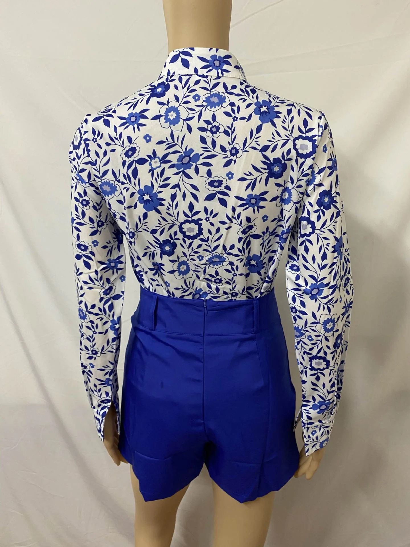 Women Long Sleeve Floral Printed Deep V Sexy Tops Blouse and Shorts Sets Casual Spring Shirts Female