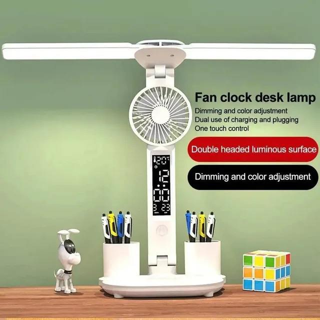 Rechargeable Table Lamp for Study Desk Lamp Reading Light Led Dual Head Table Light with Fan Led Clock Dispaly Reading Lamp 1