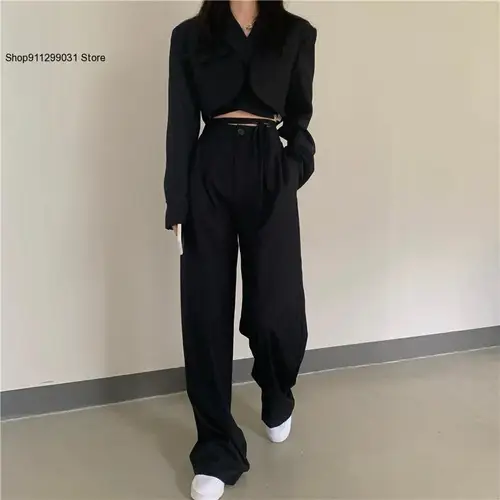 여성 섹시한 새로운 세련된 자르기 블레이저 재킷 & 높은 허리 바지 정장 넓은 다리 바지 복장, 여성 여름 패션 2 피스/세트 3