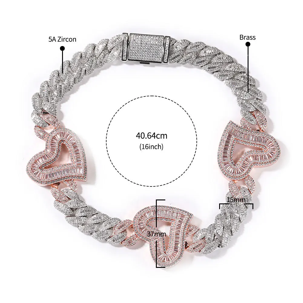 THE BLING KING Big Hollow Hearts Two Colors With 16mm Miami Cuban Necklace Iced Out Baguettecz Chain Fashion Hiphop Jewelry