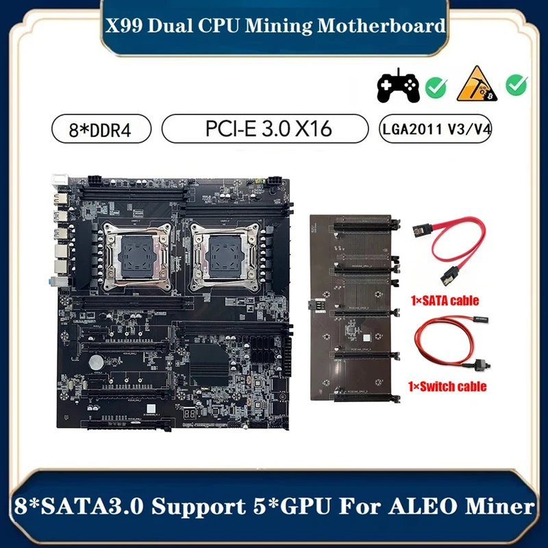 

X99 ALEO Mining Motherboard +Switch Cable+SATA Cable Support 5 GPU LGA2011 V3/V4 8XDDR4 RAM Slot PCIE16X SATA3.0
