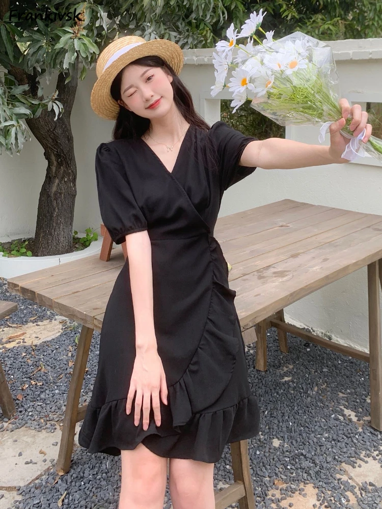 

Женские Элегантные платья с V-образным вырезом, однотонные бандажные облегающие летние платья с короткими рукавами и оборками, модные Асимметричные винтажные креативные платья во французском стиле