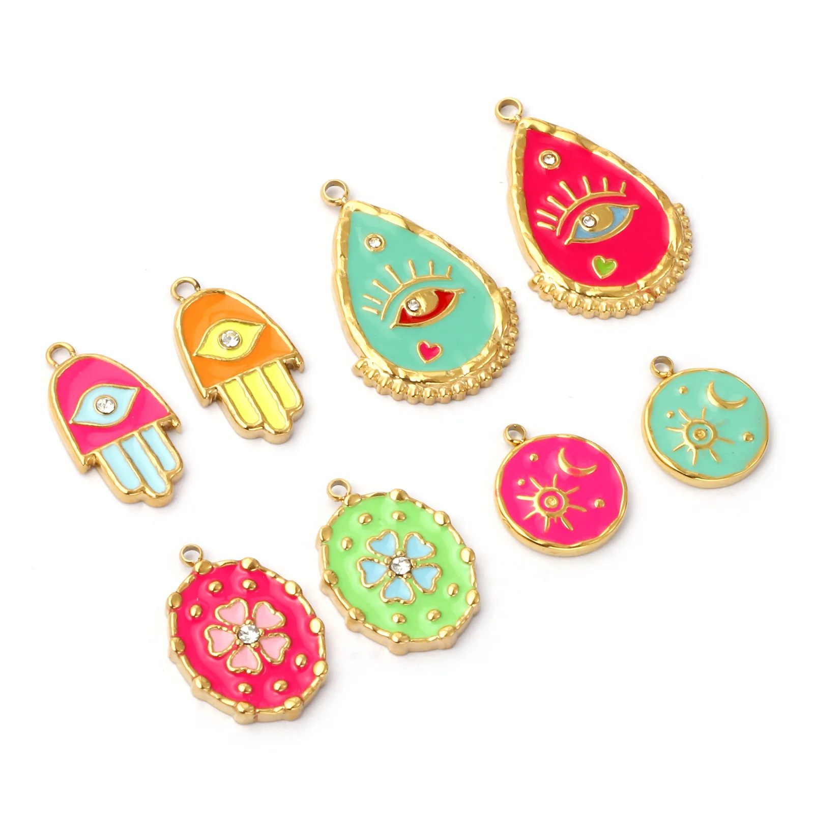 1 Stück 304 Edelstahl Charms 18 Karat vergoldet Emaille Evil Eye Blume Sonne Mond Anhänger für DIY Halskette Schmuckherstellung – Detail 3
