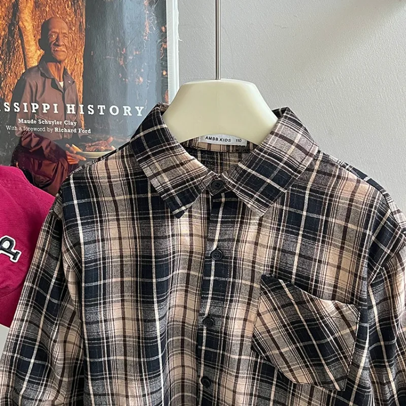 Spring Autumn baby shirts children fashion plaid long sleeve shirt boys turn-down collar loose cotton Tops