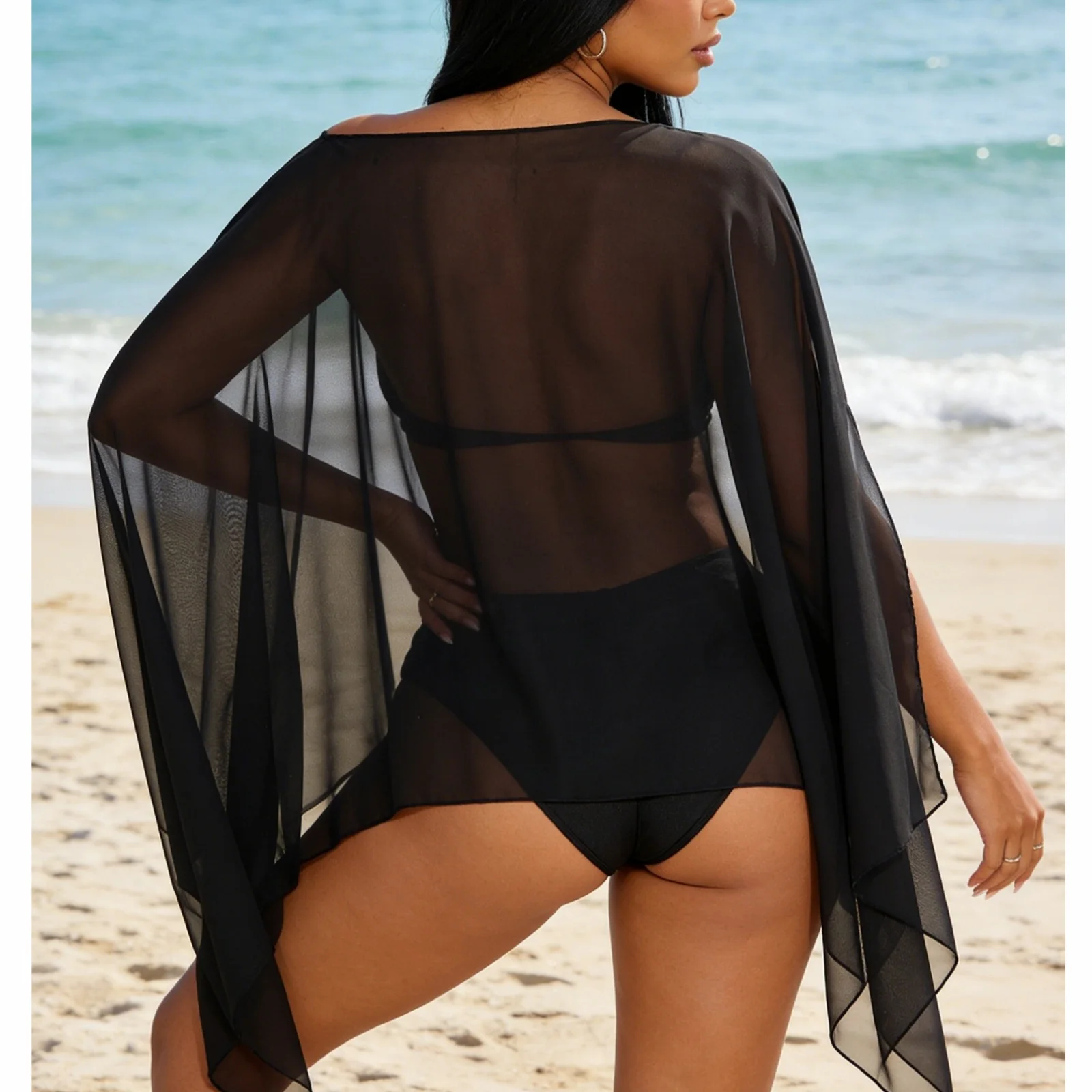 Lamuusaa y2k Women Poncho Tops Solid Color Off One Shoulder Loose Fit Split Sleeve Sheer Cape Shawl Bikini Cover Ups Beachwear 3
