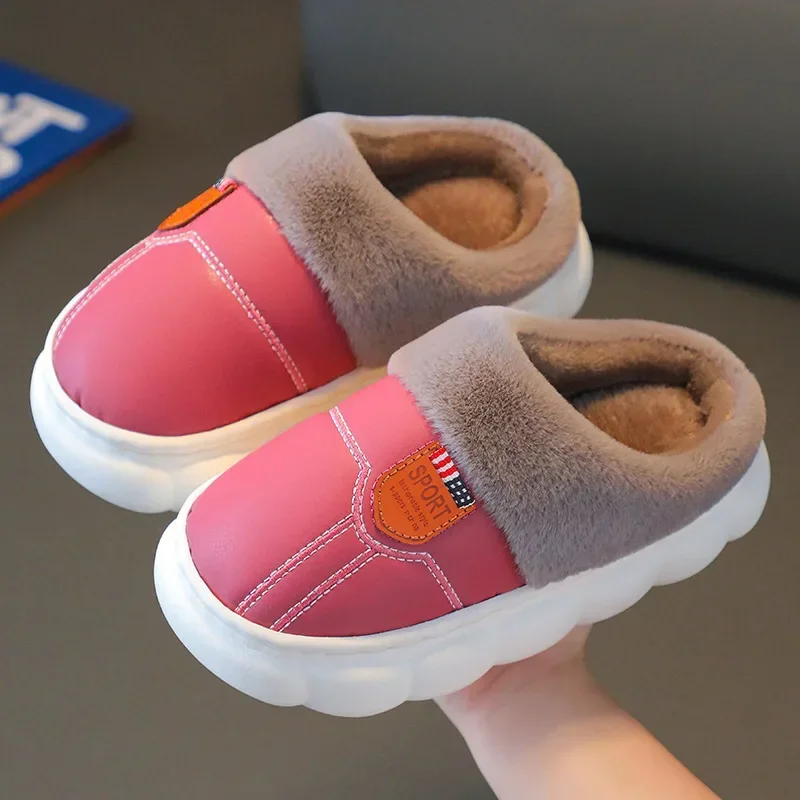 Women's Cotton Slippers Indoor Winter Shoes Women Warm Plush Waterproof Leather Slippers Little Girl Boy Soft Sole Woman Slides