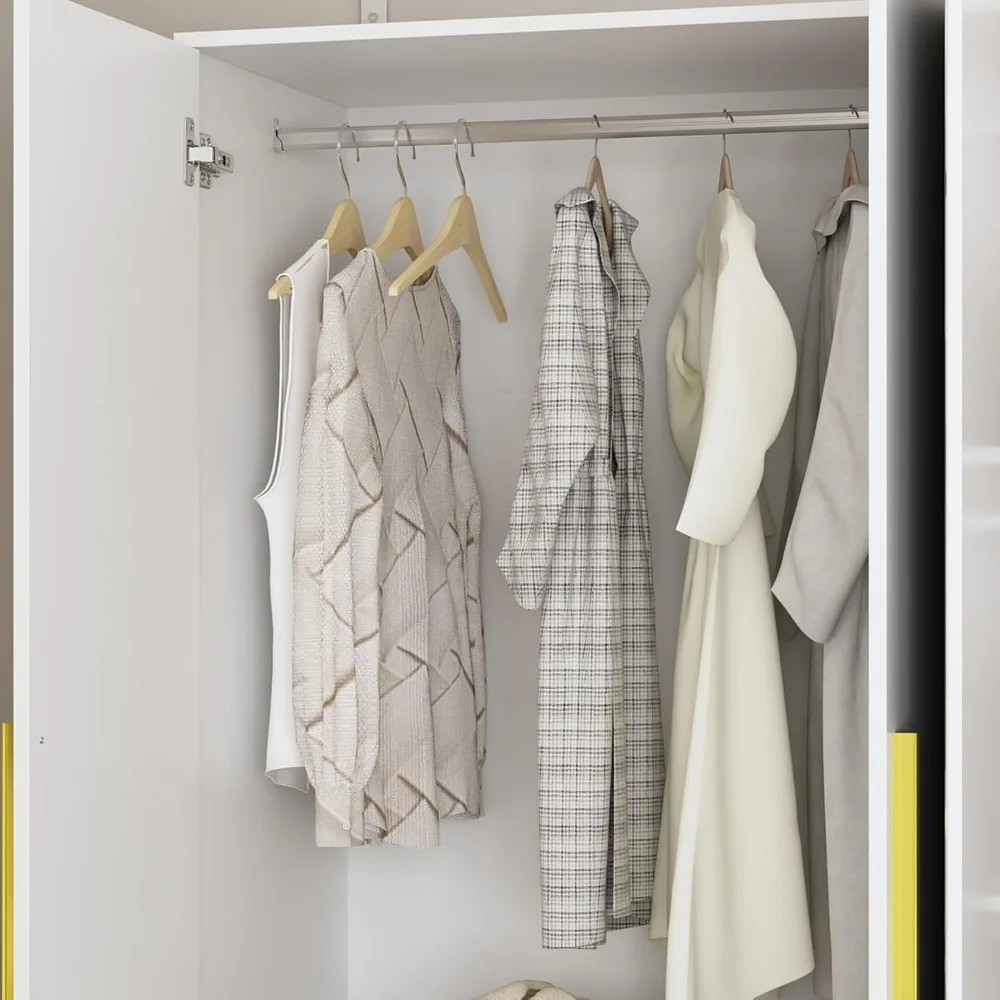 4-Door Wardrobe with Mirror & 2 Drawers, Armoire Wardrobe Closet with 2 Hanging Rods, Armoire Closet with Wooden Legs, Closet 5