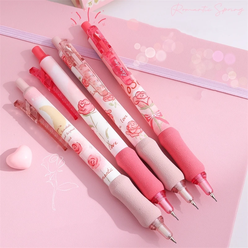 4pcs Rose Love Mechanical Pencil Set Pink Romantic Press Type 0.5mm Refills Office School Student A7422 2