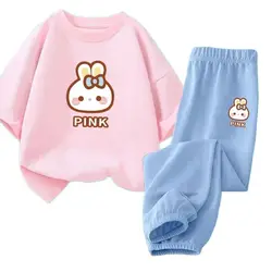 New Summer Cotton Children Clothing Set Girs Cartoon Suit Short Sleeve Cute Tshirt + Pants 2Pcs Toddler Tracksuit