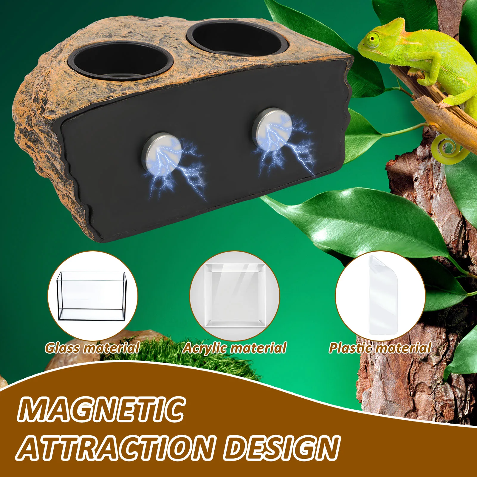 Hanging Reptile Feeding Bowl Plastic Reptile Food Water Dish Double Bowl Imitation Rock Magnetic Feeder Ledge for Lizard Gecko
